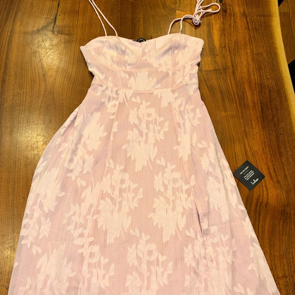 Lulus Loveliest Looks Blush Pink Floral Jacquard Tie-Strap Midi Dress.
